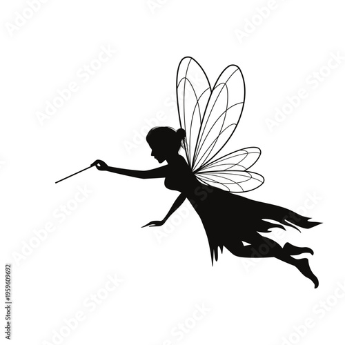 Magical Fairy Silhouette Flying with Magic Wand and Wings