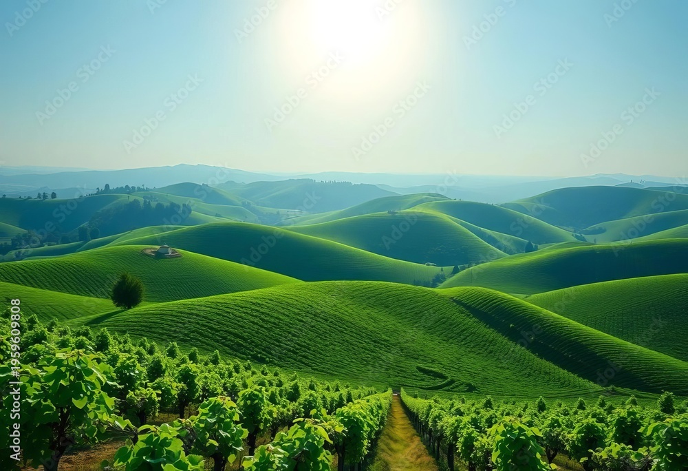Fototapeta premium Rolling hills covered in lush green grapevines under a bright sun, rows, environment