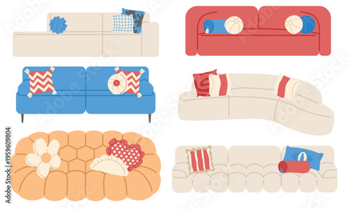 Collection of modern sofas with cushions. Set of flat illustrations.