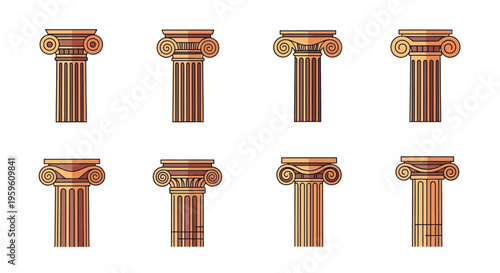 Collection of ancient greek and roman architectural column capitals and bases
