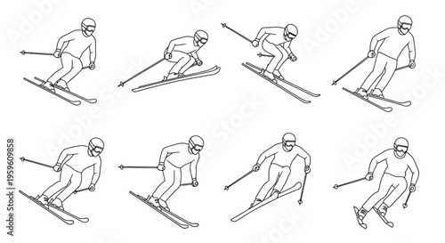 Line art illustration depicting skiers in various downhill positions and stages