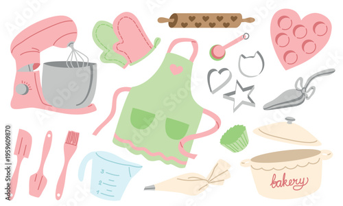 Baking Equipment Collection with Cute Elements. Flat Illustration Set