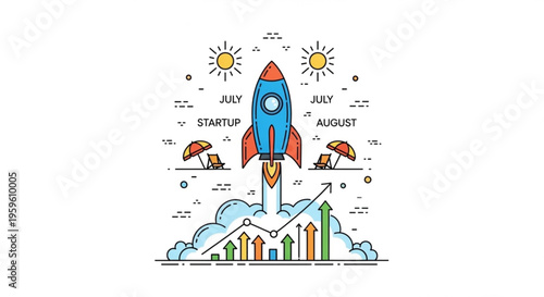 A colorful vector graphic illustration of a rocket ship launching into the sky with a bar chart and clouds, symbolizing business growth and success.