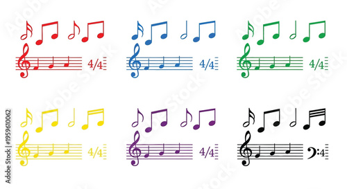 Colorful musical notes and staff lines representing different melodies and rhythms