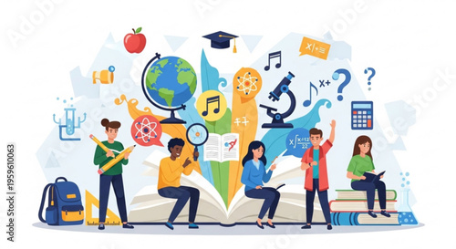 A colorful illustration of students learning surrounded by educational icons and symbols
