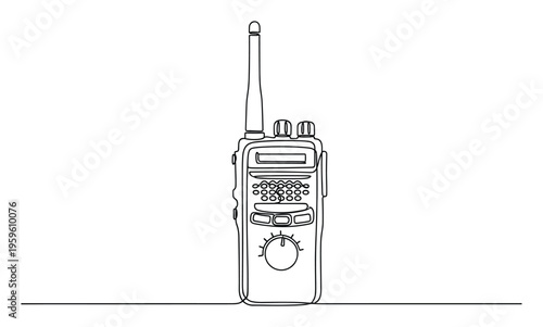 A simple continuous line drawing of a modern walkietalkie radio, perfect for communication technology presentations, emergency service advertisements, and security industry media assets.