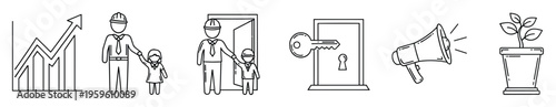 Line icons depicting business progress, parental guidance, career entry, unlocking solutions, public announcements, and ecological sustainability, perfect for corporate and learning