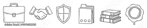 A collection of essential line art symbols representing business, legal, security, and administrative concepts ideal for various professional presentations, reports, and digital interfaces