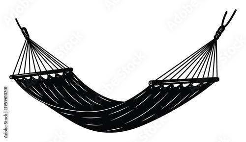 Graphic black silhouette of a comfortable hammock for relaxing vacations and tranquil outdoor leisure, ideal for travel branding or summer themed product marketing and decorative signage