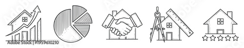 Essential real estate and property business icons depicting market growth financial analysis successful deals architecture planning and premium quality rating for various commercial uses