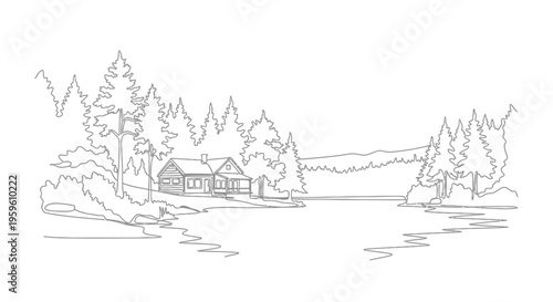 Line art drawing of a cozy cabin nestled amidst trees and a serene landscape