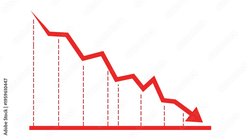 Obraz premium Financial line graph illustration with a thick red arrow pointing downwards against vertical dashed lines on a white background.