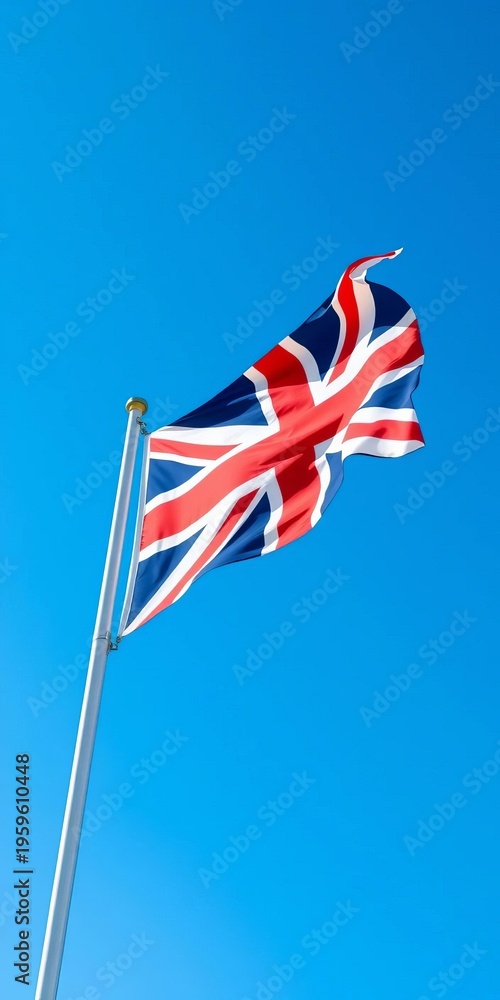 Obraz premium Union Jack flag waving majestically against a clear blue sky, emblem, symbol