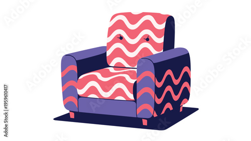 Stylish armchair upholstered in a vibrant pink and white wavy pattern with purple side panels and wooden legs on a dark floor.