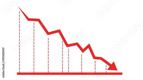 Financial line graph illustration with a thick red arrow pointing downwards against vertical dashed lines on a white background.