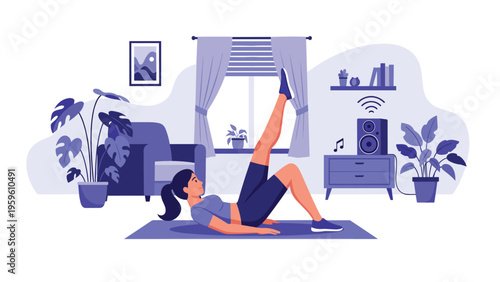 Young woman practicing yoga or fitness exercises on a mat in a cozy living room with plants and a window background.