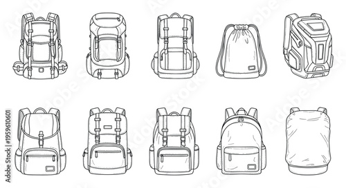 Various line art drawings of travel backpacks, school rucksacks, and outdoor bags suitable for product catalogs, educational materials, or apparel mockups.