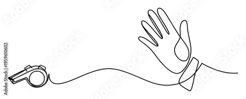 Continuous line drawing of a referees whistle and a hand making a stop signal, ideal for sports event promotions, coaching workshops, and disciplinary communication themes.