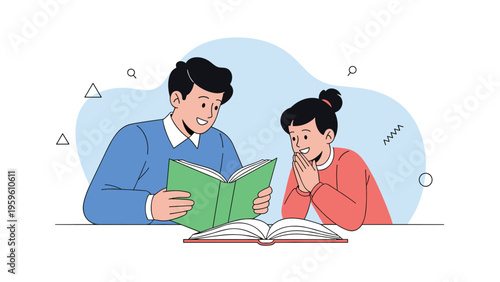 Friendly man and a young girl sitting at a table together looking happily at an open book with a blue background.