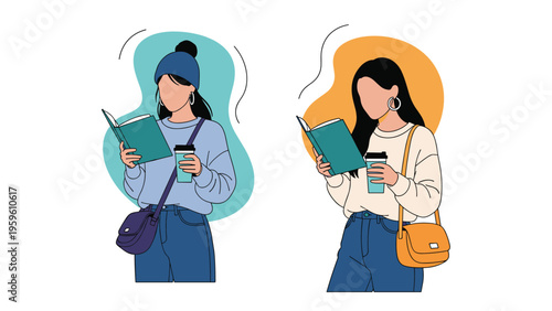 Illustration of two young women walking while reading books and holding cups of coffee in various casual outfits.