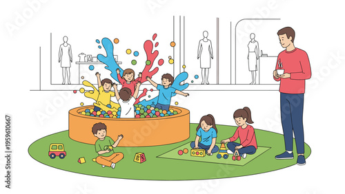 Cheerful group of children playing in an orange ball pit and play area with a supervisor watching in the background.