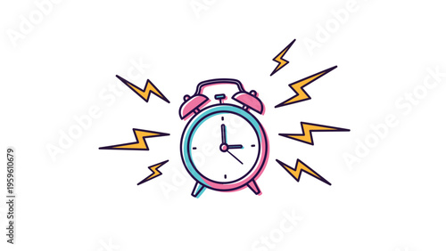 Cartoon illustration of a pink and blue alarm clock ringing loudly with yellow lightning bolt sound symbols around it.