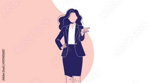 Confident businesswoman in a dark blue suit standing with one hand on her hip and the other gesturing forward.