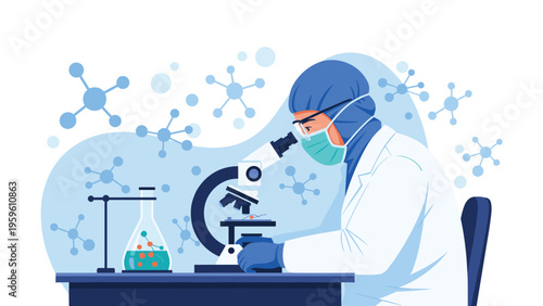 Professional scientist in a blue hazmat suit and face mask using a microscope in a laboratory with molecule background.