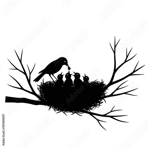 Silhouette of a Bird Feeding its Chicks in a Nest on a Branch.