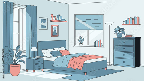 Spacious and modern bedroom interior design featuring a bed with colorful pillows, curtains, windows, and storage furniture.