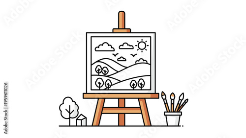 Wooden art easel holding a line art landscape painting of hills, trees, and sun with paintbrushes in a jar.