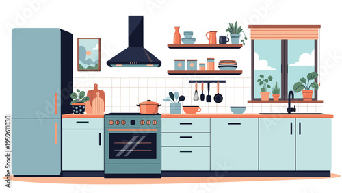 Clean and modern kitchen interior featuring light blue cabinets, a black stove, a refrigerator, and decorative plants.