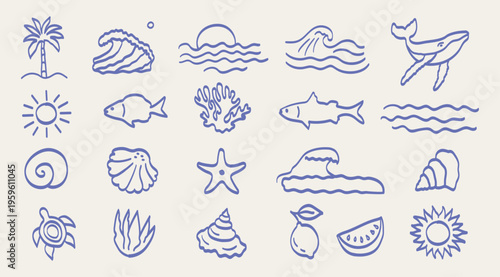 Boho summer set. Hand-drawn vector naive ocean elements: waves, fish, shells, whale, crab, turtle, seaweed, coral, sun, palm tree. Tropical abstract surf prints, summer beach label, naive vignetting.