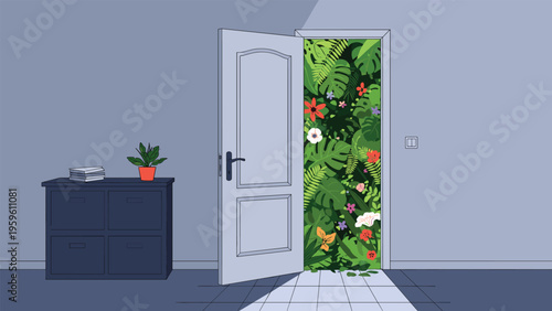 Open white door in a simple room leading into a dense and vibrant green jungle filled with tropical plants and flowers.
