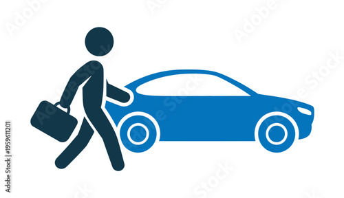 Businessman carrying a briefcase standing next to a modern blue vector car