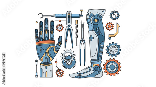 Concept of advanced prosthetic technology featuring a robotic hand, artificial leg, gears and various mechanical tools.