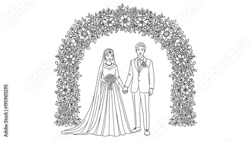 Beautiful bride and groom standing together holding hands under a decorated floral archway for their wedding ceremony.