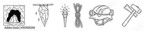 Discover a robust collection of caving and mining equipment alongside natural rock formations, ideal for adventure game graphics, educational resources, or outdoor exploration themes.