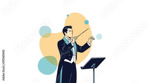 Professional orchestra conductor in a tuxedo leading a musical performance with a baton and music stand at a concert.