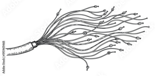 Bundle of flexible wires with circular ends emanating from a main cable, representing data connections and network communication for technology and infrastructure projects.