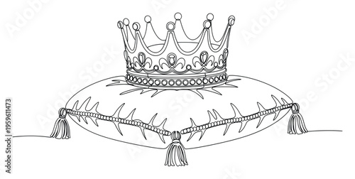 Elegant continuous line drawing of a royal crown resting on a decorative ceremonial pillow with tassels, perfect for historical themes, luxury branding, or symbolic graphic assets.