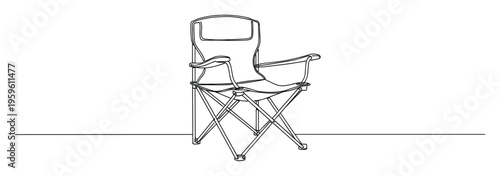 A minimalist single continuous line drawing capturing a sturdy and comfortable portable folding camping chair, ideal for outdoor recreation, travel, and relaxing leisure activities.