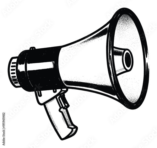 Black and white drawing of a powerful megaphone ready for public speaking and announcements perfect for conveying urgent messages or social activism campaigns
