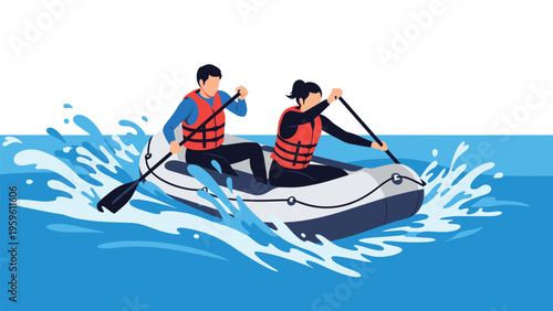 Brave man and woman in life jackets paddling together in an inflatable boat through rough waves and water splashes.