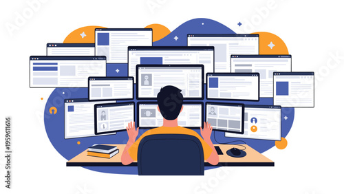 Professional developer working at a desk surrounded by multiple computer screens showing various websites and data.