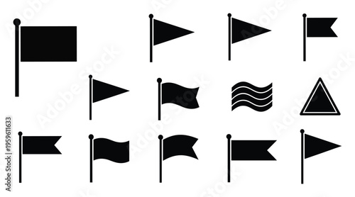 A comprehensive set of various black flag symbols and pennant icons displayed on poles and as standalone shapes, perfect for navigation markers, location indicators, or user interface