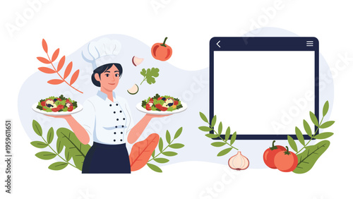 Professional female chef in uniform holding two plates of fresh salad next to a blank digital frame with ingredients.