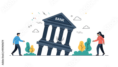 Illustration of a classic bank building collapsing while a man and a woman look at it with shock and worry at day.