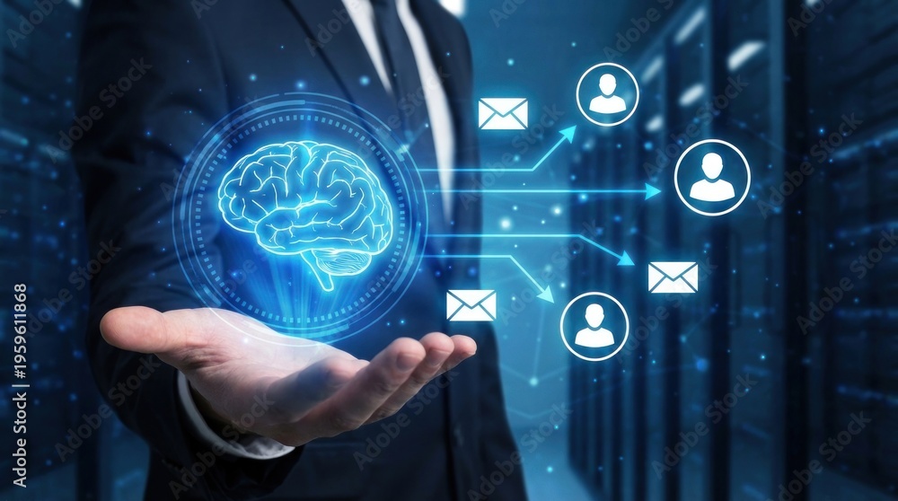Fototapeta premium Businessman holding glowing digital brain for artificial intelligence communication and data network management in server room