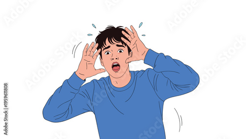 Portrait of a young man in a blue sweater sweating and panicking with a look of extreme fear on his face while holding his head.